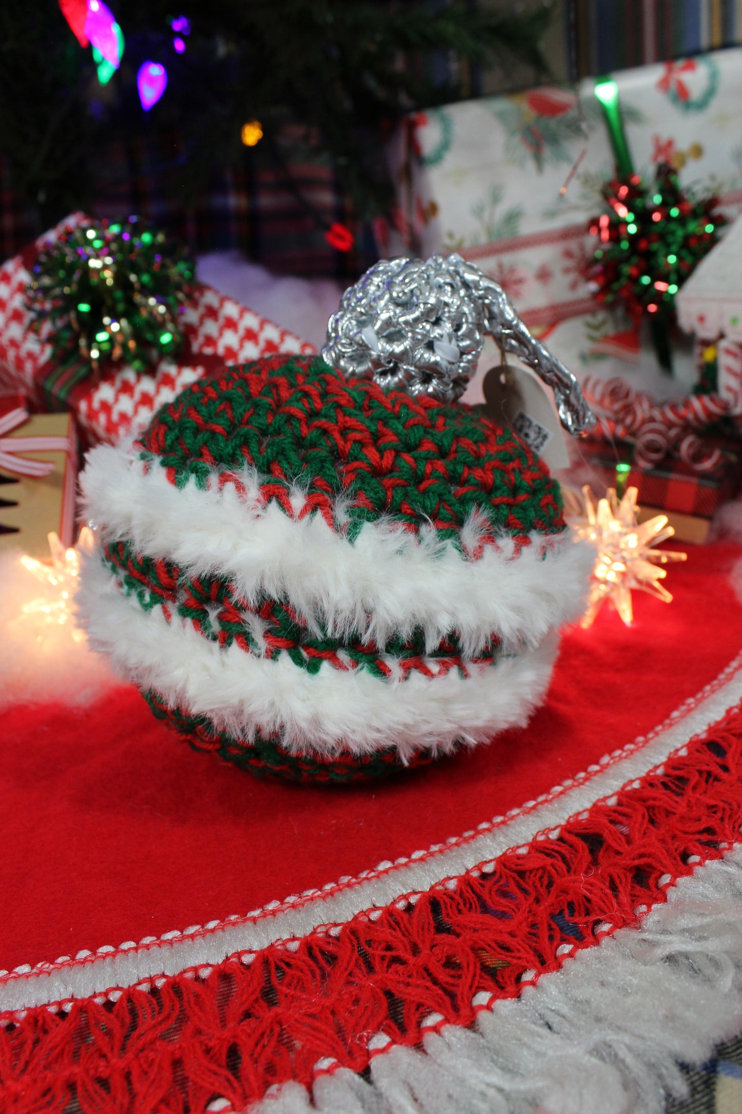 Fuzzy Christmas Ornament - Red & Green double stripe (medium)