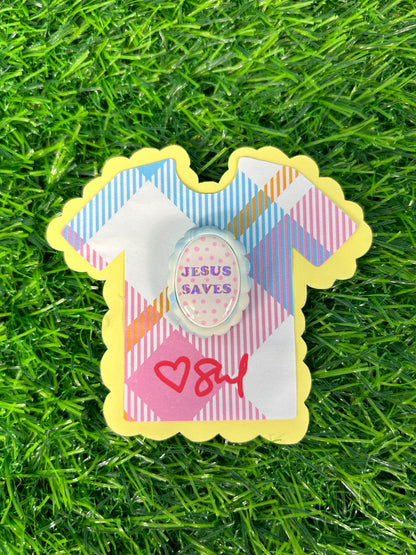 Jesus Saves Pin - with Pink holographic letters