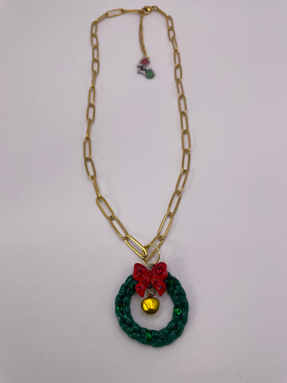 Paperclip Necklace - Christmas Wreath & Jingle Bell