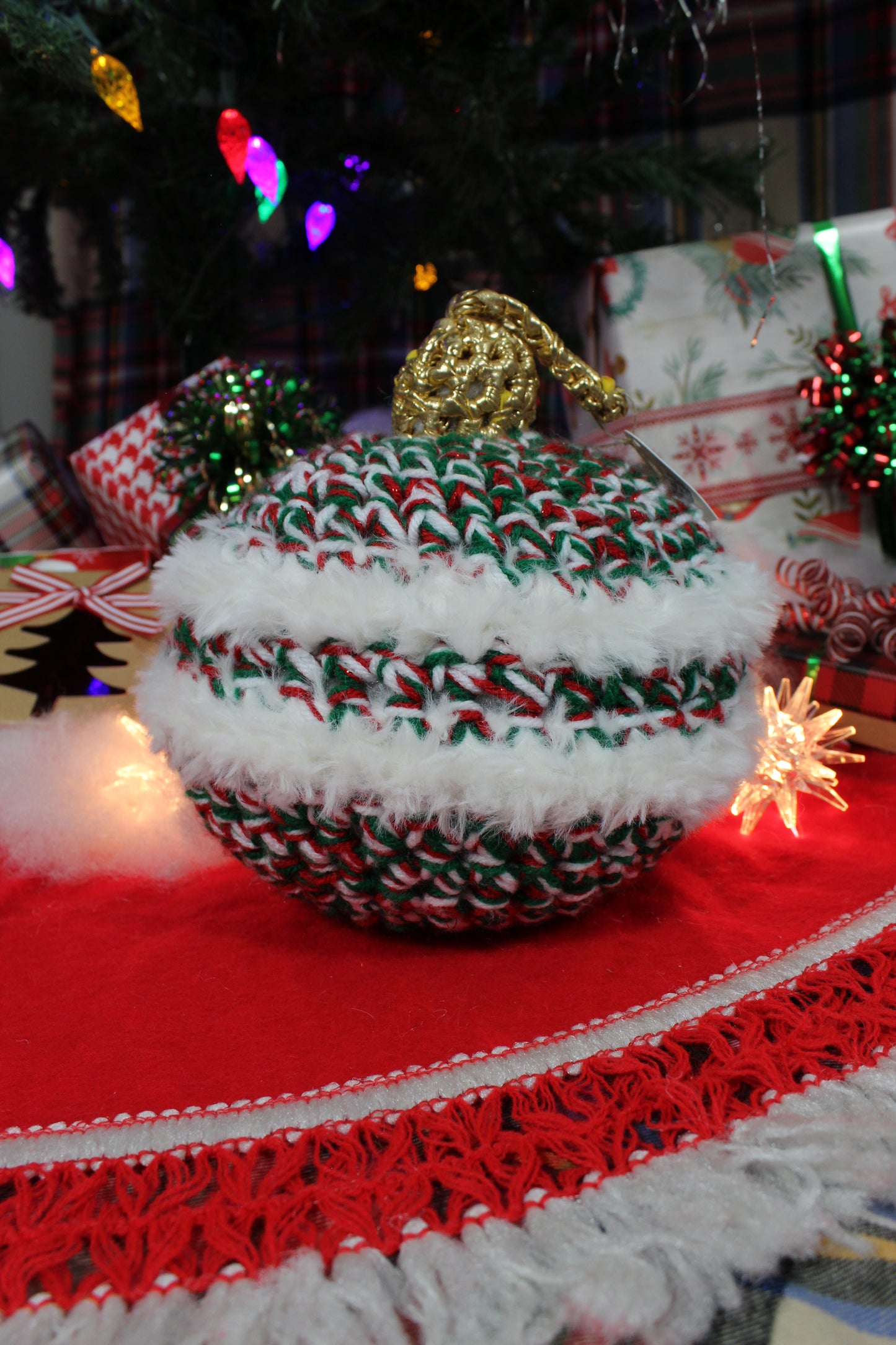 Fuzzy Christmas Ornament - Red, Green, White (XL)