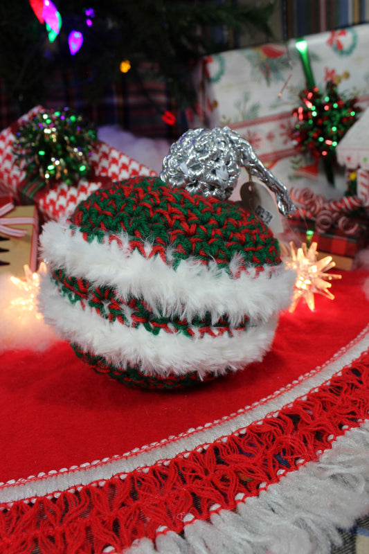 Fuzzy Christmas Ornament - Red & Green double stripe (medium)